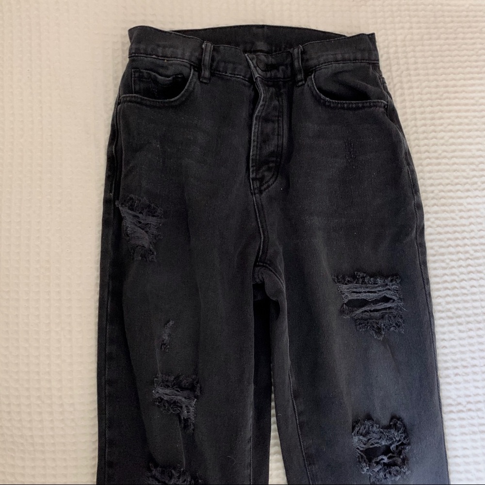 ripped high rise straight leg mom jeans